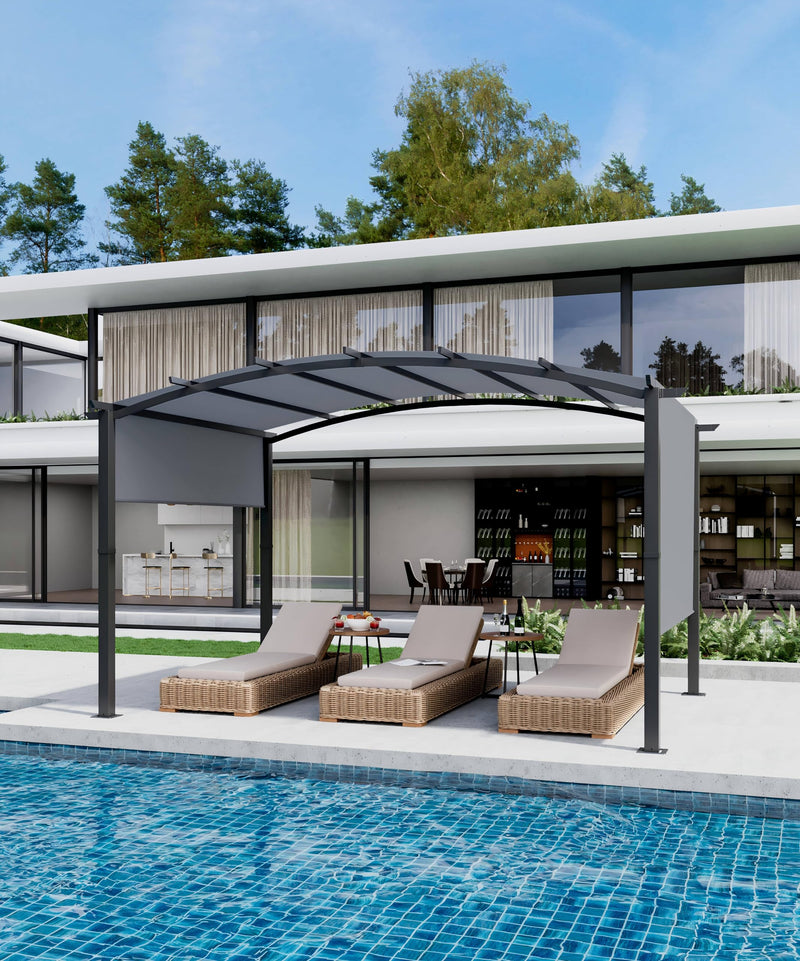 GarveeLife 12 x 9 Ft Outdoor Arched Pergola, Metal Pergola with Retractable Canopy, Arched Style Gazebos for Backyards, Lawn, Patios (Gray)