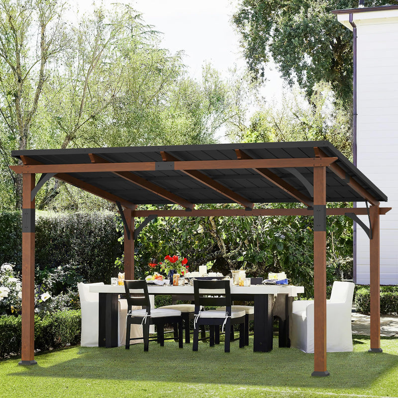 LUE BONA 12x14 ft Hardtop Gazebo, Lean to Gazebo Outdoor Pergola with Wood-Like Aluminum Frame and Metal Roof, Outdoor Permanent Galvanized Steel Pavilion for Deck, Patio, Backyard