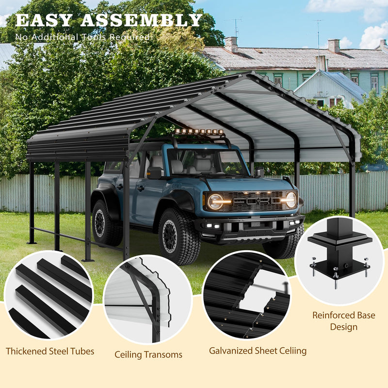 Walsunny Metal Carport 12x15 FT Heavy Duty Carport Canopy with Enhanced Base, Outdoor Car Shelter with Galvanized Steel Roof and Frame Garage for Truck, SUV, Boat, Gray