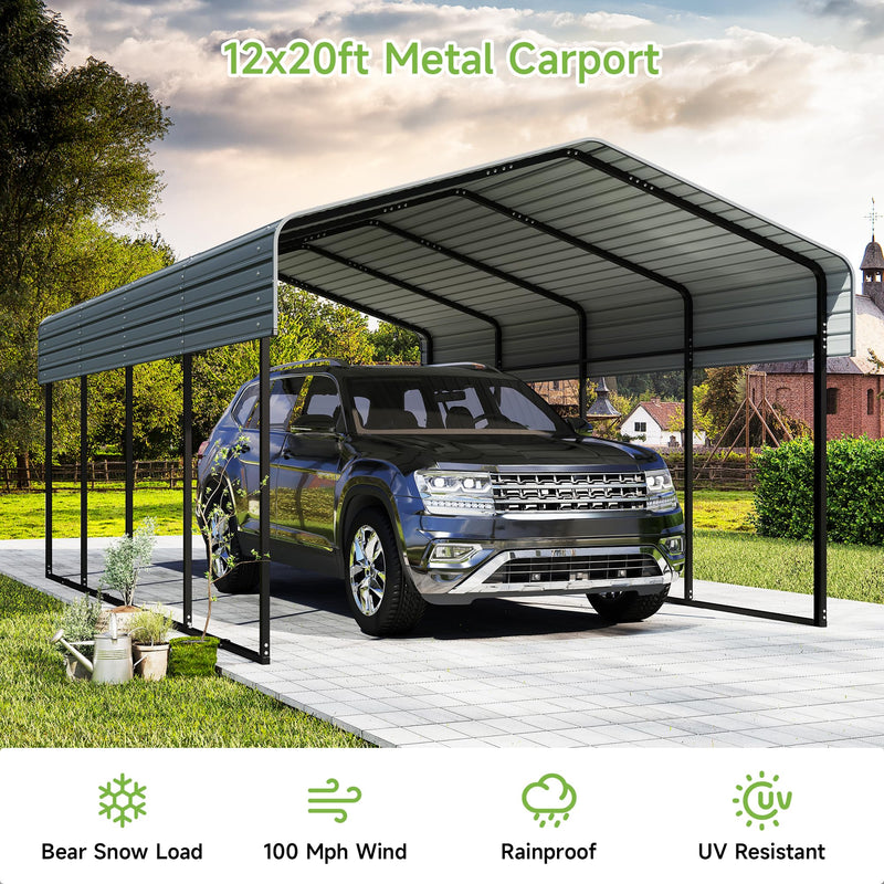 Real Relax 12X20 FT Carport with Galvanized Steel Roof, Heavy Duty Steel Frame Metal Carport Canopy, Large Garage Storage Shelter Shade for Boat, Pickup, Car, Tractors, Grey