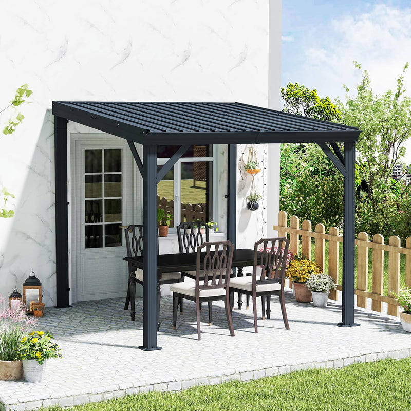 Domi 8' x 8' Lean to Gazebo, Wall Mounted Gazebos Pergola with Built in Drainage System, Galvanized Steel Roof, Hardtop Patio Shelter for Deck, Porch, Backyard and More