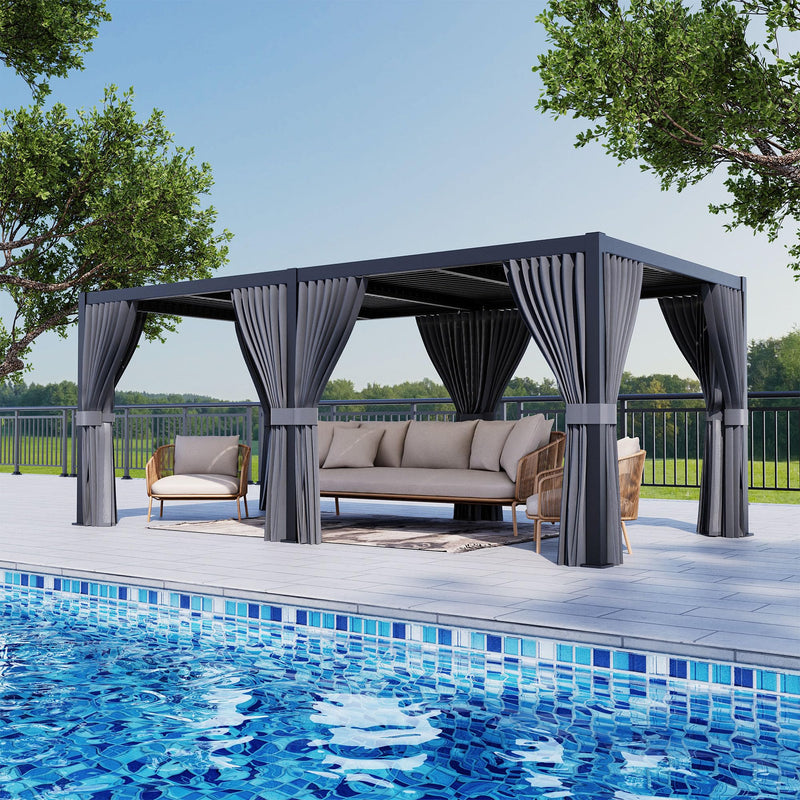 HOMPUS Louvered Pergola 10' x 20', Outdoor pergola with Aluminum Frame and Adjustable Rainproof Roof, Modern Louvre Shade for Garden & Patio, Curtains and Netting Included, Black