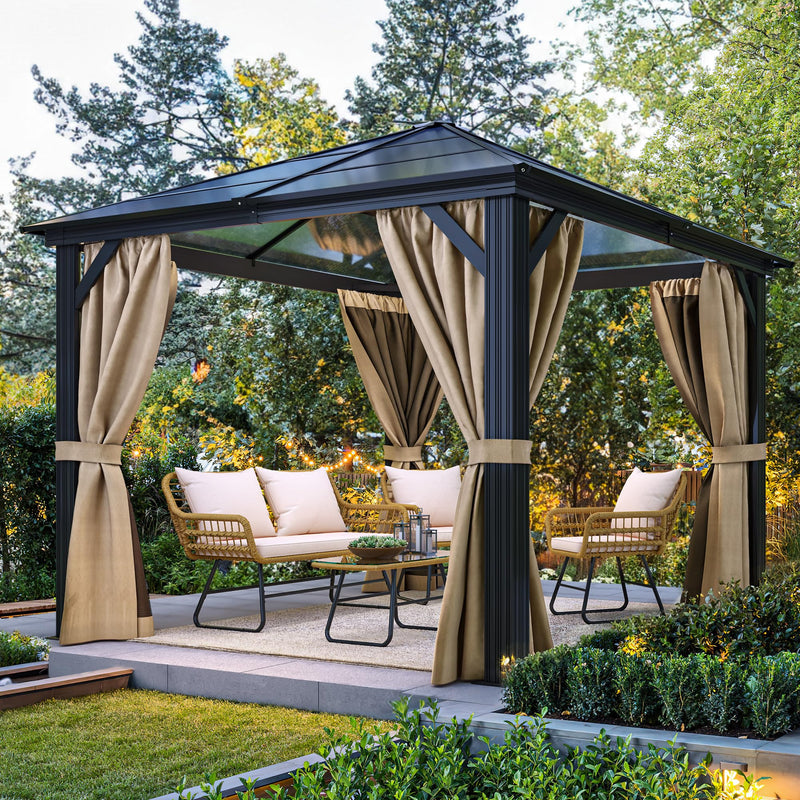 YITAHOME 10x10 Gazebo Polycarbonate Hardtop Outdoor Single Top Canopy with Netting and Shaded Curtains, Aluminum Frame Garden Tent for Patio, Backyard, Deck and Lawns, Brown