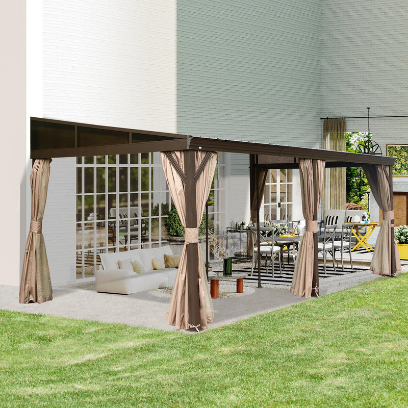 Domi 12' x 20' Lean to Gazebo with Aluminum Frame, Wall Mounted Gazebo Hardtop Galvanized Steel Sloping Roof with Curtains and Netting for Patio Deck Backyard Lawn Party…