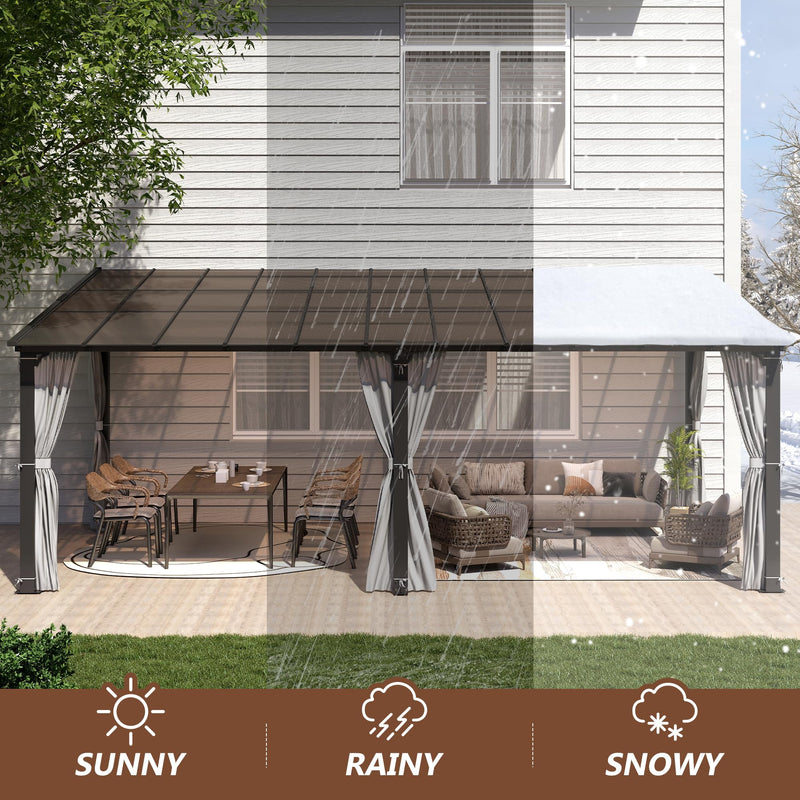 Raysfung 12 x20FT Outdoor Wall-Mounted Hardtop Gazebo, Aluminum Frame Lean to Gazebo with Polycarbonate Roof and Curtains for Patio, Garden, Deck