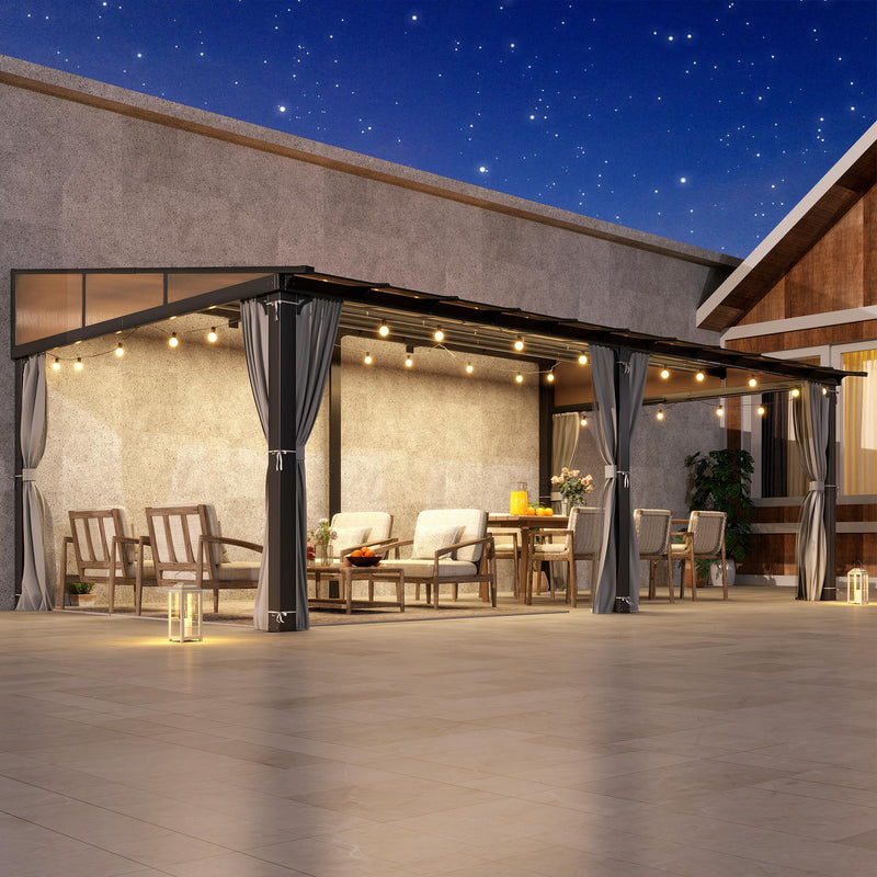 COVERONICS 12' X 20' Outdoor Polycarbonate Lean to Gazebo - Wall-Mounted Aluminum Frame Gazebo with Slope Hardtop, Patio Heavy-Duty Lean to Pergola with Netting & Curtains for Garden, Backyard, Deck