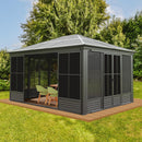 Domi 12x14FT Outdoor Sunroom, Galvanized Steel Hardtop Enclose Gazebo Sloping Roof, All Weather Aluminum Solarium Screen House for Patio Deck Backyard with Lockable Door, Moveable PVC Screen