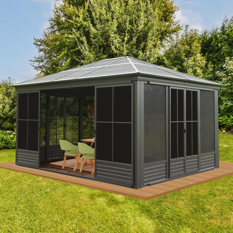 Domi 12x14FT Outdoor Sunroom, Galvanized Steel Hardtop Enclose Gazebo Sloping Roof, All Weather Aluminum Solarium Screen House for Patio Deck Backyard with Lockable Door, Moveable PVC Screen