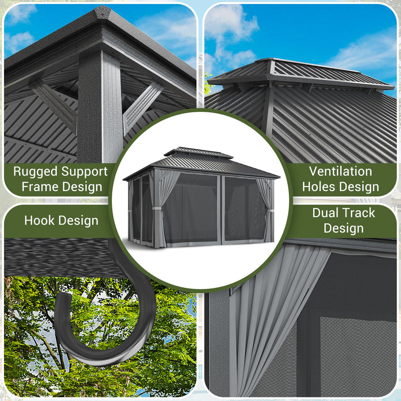 VIWAT 10x14 FT Hardtop Gazebo with Aluminum Frame, Galvanized Steel Double Roof Gazebo with Nettings and Curtains, Permanent Outdoor Metal Pavilion for Patio, Deck, Lawn and Garden, Gray
