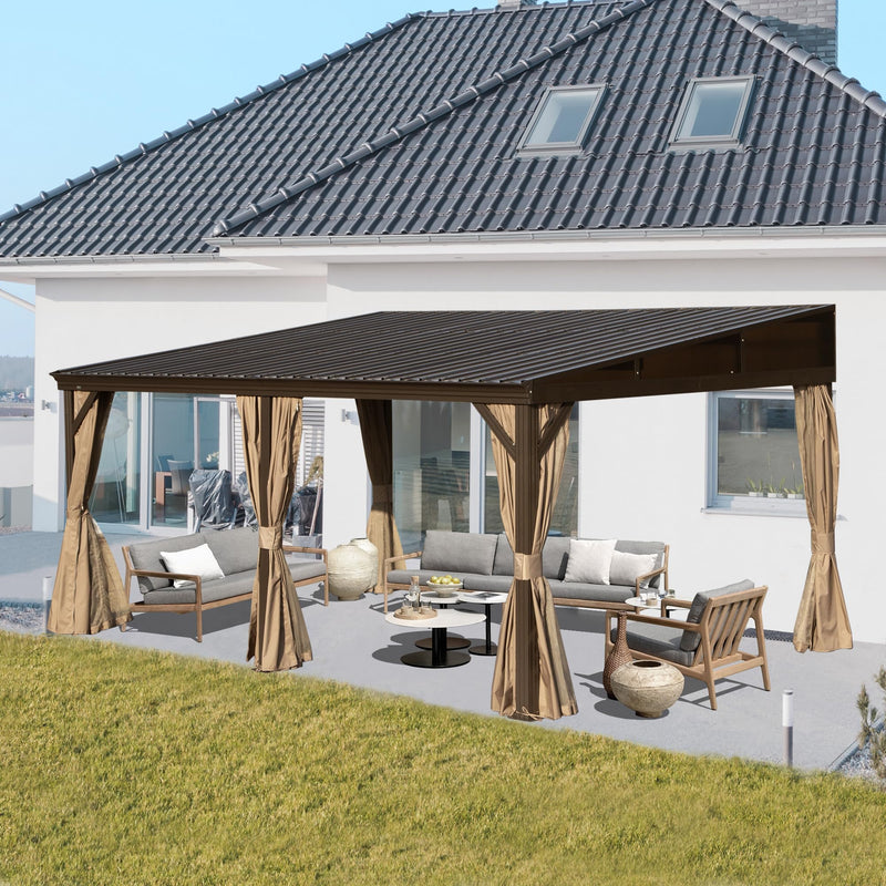 SHPAI 12’ x 16’ Lean to Gazebo, Outdoor Wall Mounted Gazebo Aluminum Frame, Hardtop Pergola with Galvanized Steel Sloping Roof for Patio Deck Garden Backyard, Curtain and Netting Included
