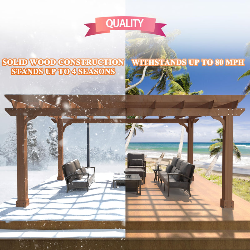 BlueWish 12’ x 14’ Cedar Wood Patio Pergola with Slatted Trellis Roof, Outdoor Pergola Backyard Gazebo with Solid Structure for Deck Yard Grill Party Garden