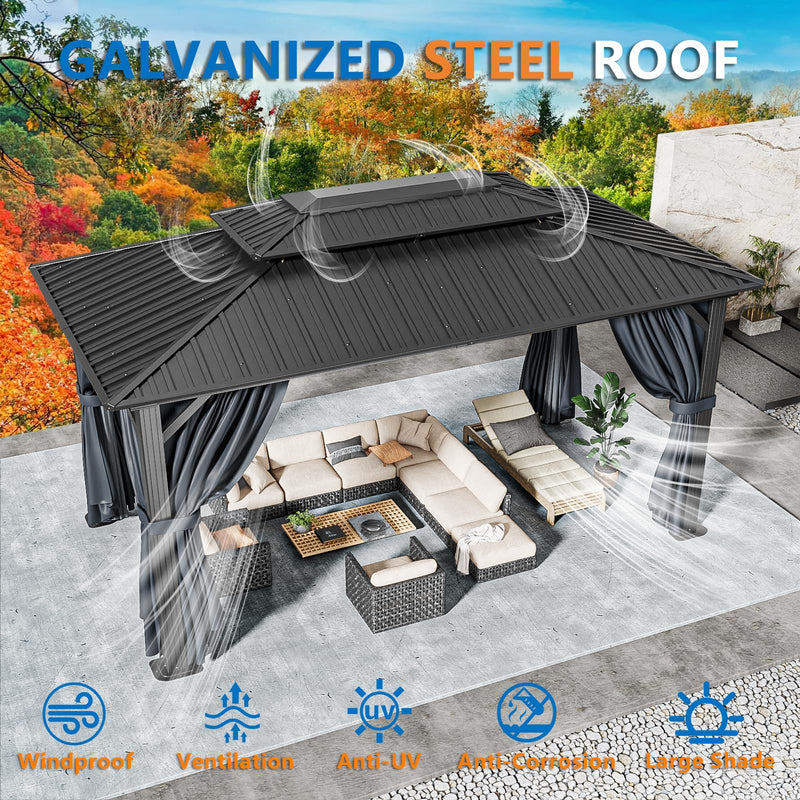 HOTEEL 10x15 Hardtop Gazebo with Heavy Duty Galvanized Steel Double Roof, Aluminum Frame, Flame-Resistant Curtains and Netting, Outdoor Permanent Pavillon for Backyard, Black