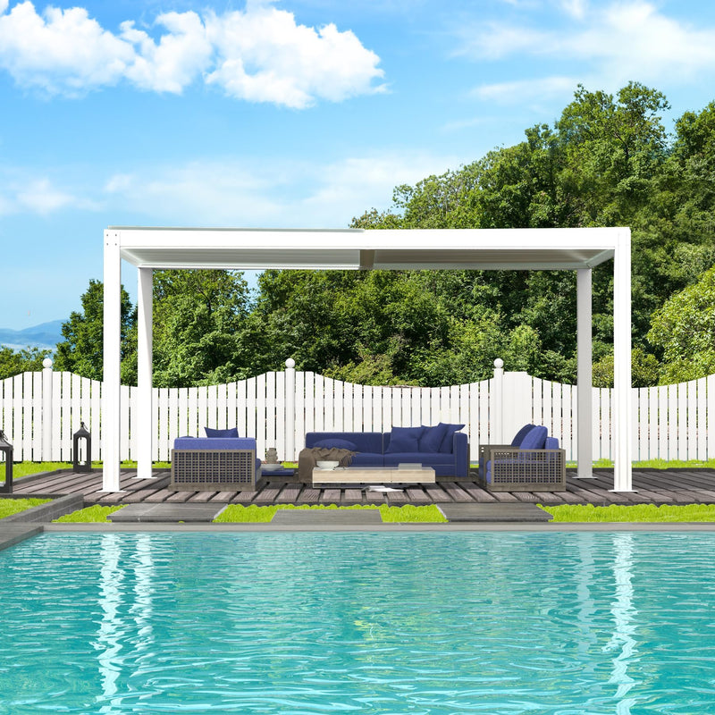 Domi Outdoor Louvered Pergola 10x16FT with Adjustable Steel Roof, Outdoor Aluminum Structure Rainproof Pergola for Backyard, Garden and Lawn,White