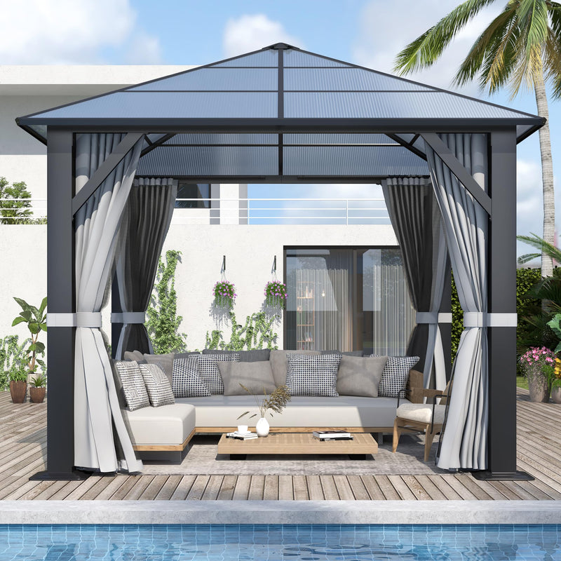 GARTOO 10’x10’ Patio Hardtop Gazebo with Polycarbonate Roof, Waterproof Outdoor Canopy Gazebo, Steel Frame Permanent Pavilion with Curtains and Netting, Perfect for Backyard, Patio, Lawn, Garden