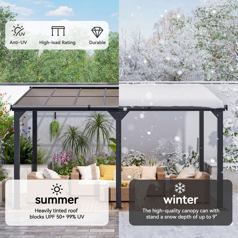 DAUSOLA 10x14 FT Gazebo Pergola for Patio, Gazebos Pergola on Clearance with Sloped Roof, Hard Top Lean to Gazebo, Large Wall-Mounted Heavy Duty Awnings for Patio, Backyard, Deck