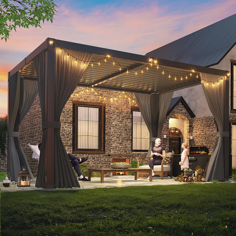 Airwire Pergola 10x12 Ft Louvered Pergola Aluminum Outdoor Pergolas W/Adjustable Roof, Waterproof Curtains and Nets Outdoor Gazebo for Deck,Patio,Backyard and Garden