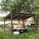 LUE BONA 12x14 ft Hardtop Gazebo, Lean to Gazebo Outdoor Pergola with Wood-Like Aluminum Frame and Metal Roof, Outdoor Permanent Galvanized Steel Pavilion for Deck, Patio, Backyard