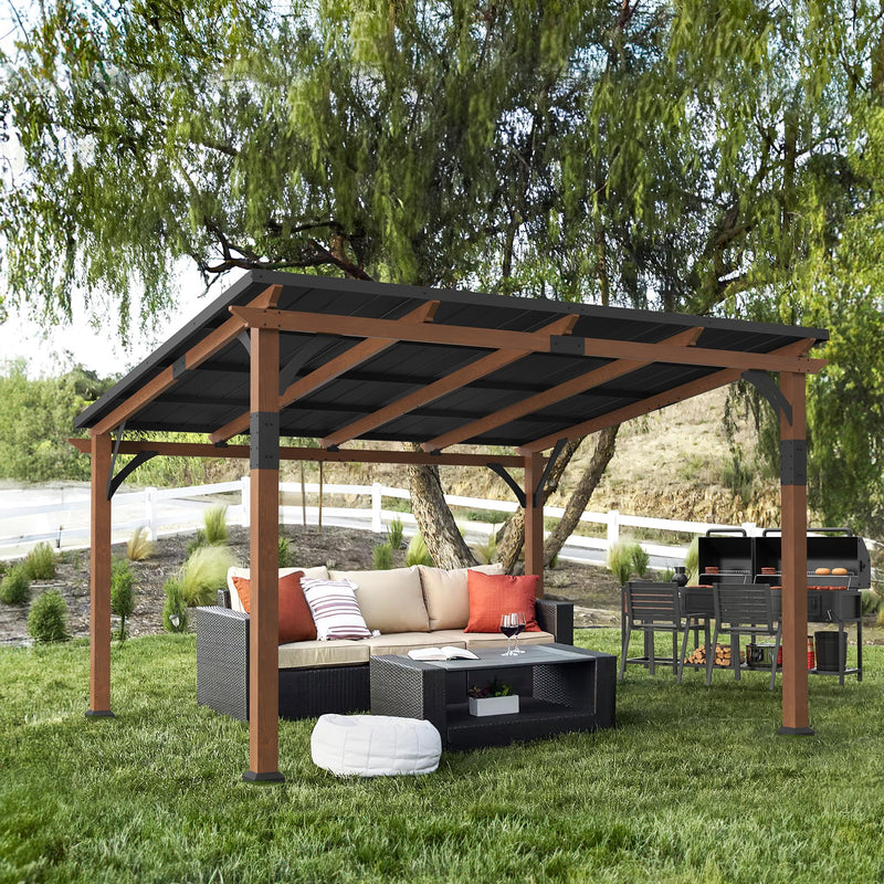 LUE BONA 12x14 ft Hardtop Gazebo, Lean to Gazebo Outdoor Pergola with Wood-Like Aluminum Frame and Metal Roof, Outdoor Permanent Galvanized Steel Pavilion for Deck, Patio, Backyard