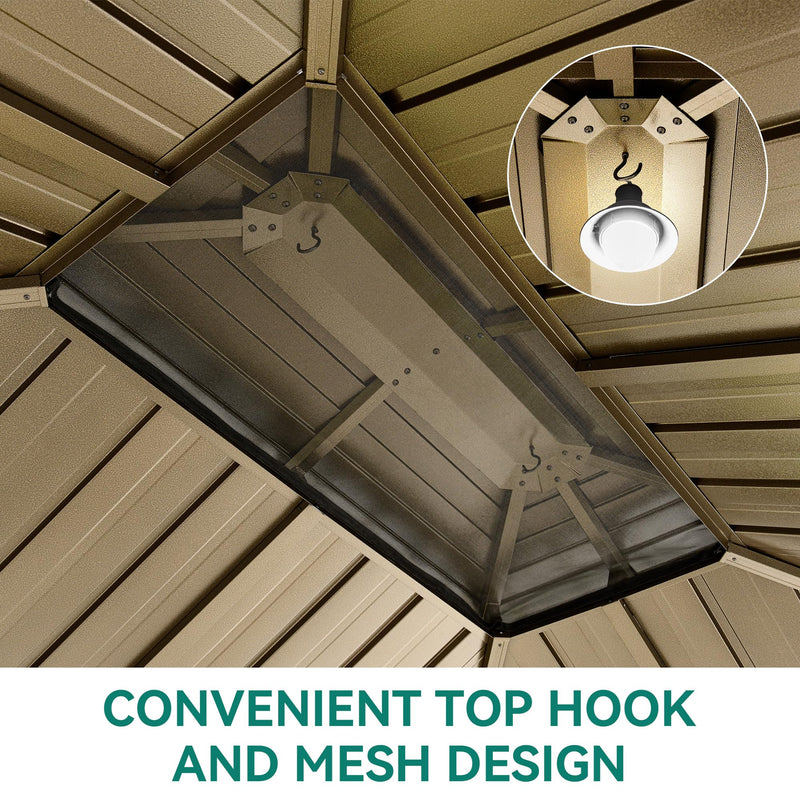 YITAHOME 10x12ft Gazebo Hardtop with Nettings and Curtains, Heavy Duty Double Roof Galvanized Steel Outdoor Combined of Horizontal Vertical Stripes Roof for Patio, Backyard, Deck, Lawn, Bronze