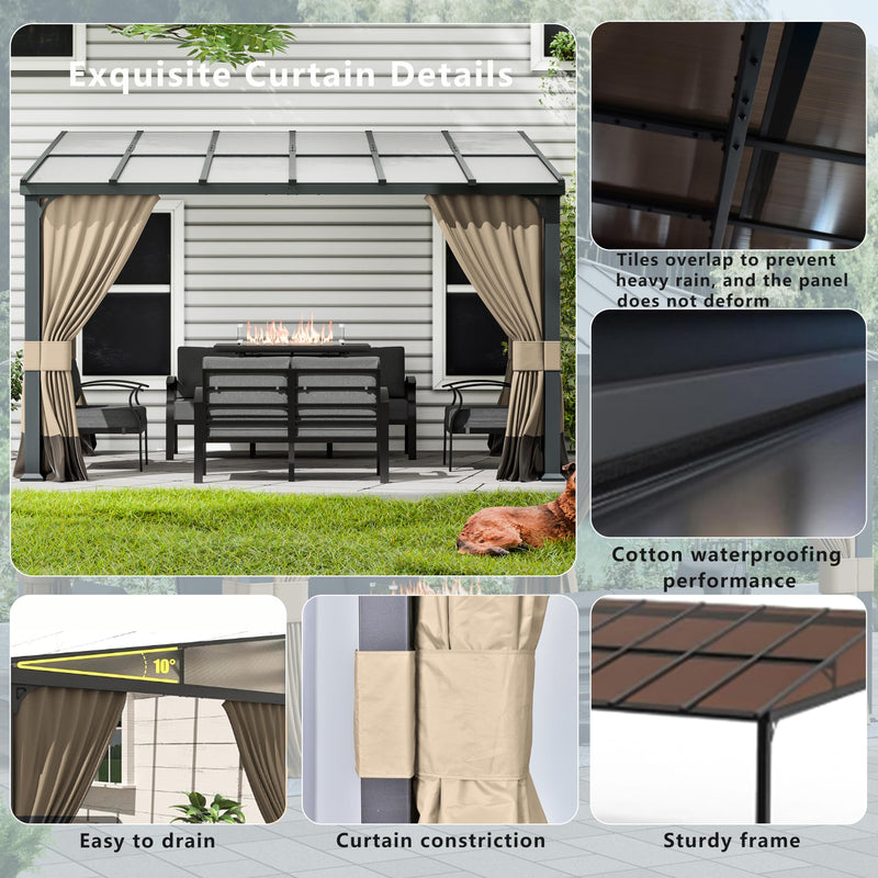 ASJMR 10x12FT Gazebo, Hardtop Wall Mounted Gazebo with Sloping Sun Panel Roof, Awnings for Patio with Metal Frame, Double Curtains for Garden, Lawn, Backyard Deck, Sand