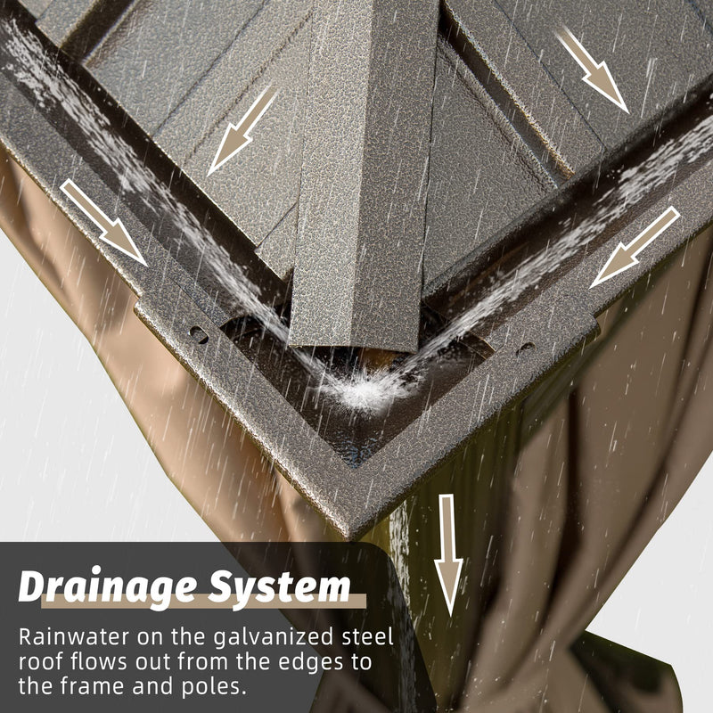 Domi Hardtop Gazebo 12x20FT, Outdoor Gazebo with Galvanized Steel Double Roof, Aluminum Frame, Built-in Gutter System, Curtain and Netting, Metal Gazebo Pavilion for Patio Deck Garden, Brown