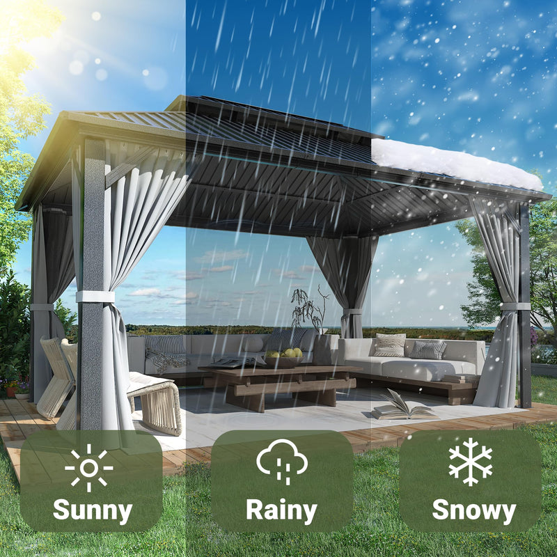 VIWAT 10x14 FT Hardtop Gazebo with Aluminum Frame, Galvanized Steel Double Roof Gazebo with Nettings and Curtains, Permanent Outdoor Metal Pavilion for Patio, Deck, Lawn and Garden, Gray