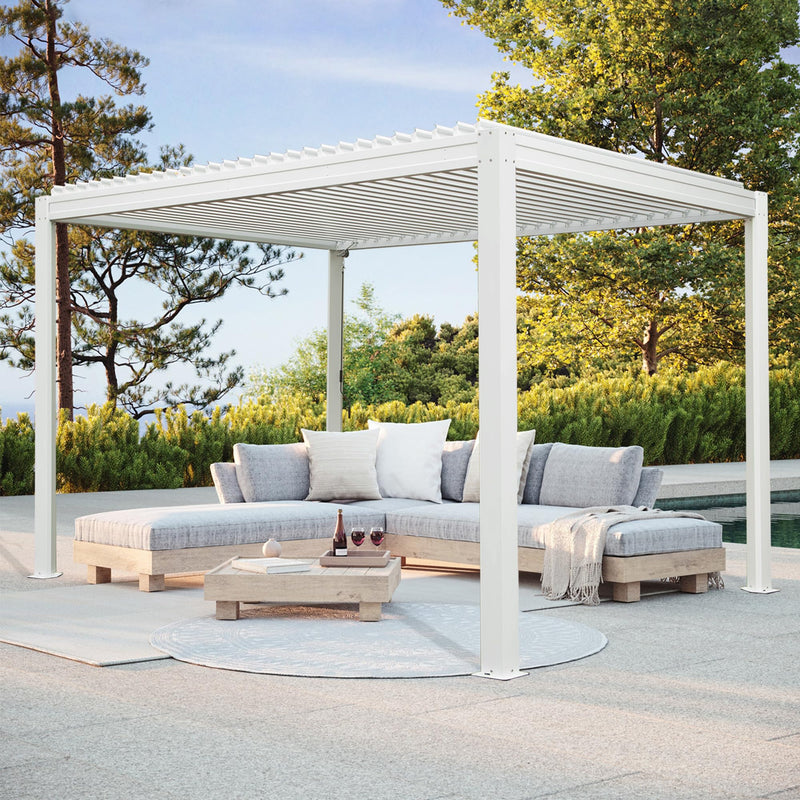 Domi Louvered Pergola 10' x 10' Outdoor Aluminum Pergola with Adjustable Roof, Aluminum Frame, Efficient Drainage System for Patio, Deck, Garden, White