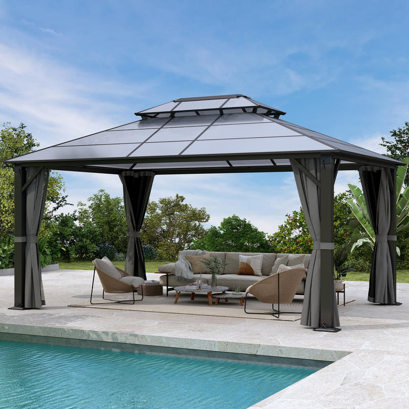 Raysfung Hardtop Gazebo 12' x 16', Patio Gazebos with Polycarbonate Roof & Steel Frame, Outdoor Pavilion with Gray Curtain&Netting for Backyard/Lawn/Garden/Deck