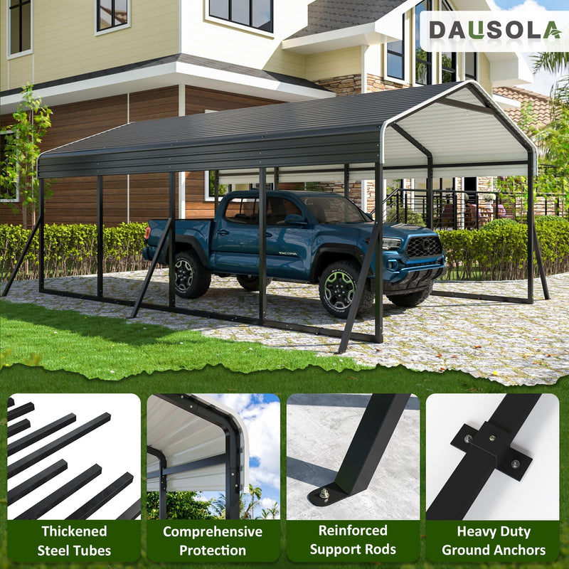 DAUSOLA Carport 12x20 FT Heavy Duty Carports Canopy with Updated Frame Structure Galvanized Steel Roof and Enhanced Base, Metal Carport Garage for Pickup, Boat, Car and Tractors