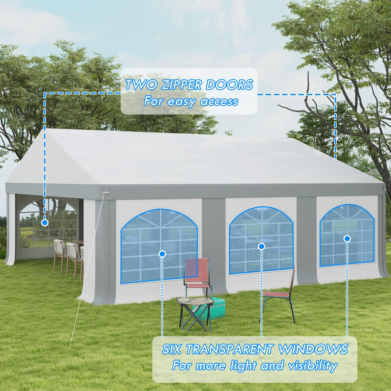 Outsunny 20 x 20 ft Heavy Duty Party Tent Outdoor Gazebo Wedding Tent Event Shelter Carport BBQ with Removable Sidewalls & Windows, Outside Waterproof Canopy for Parties, White and Gray