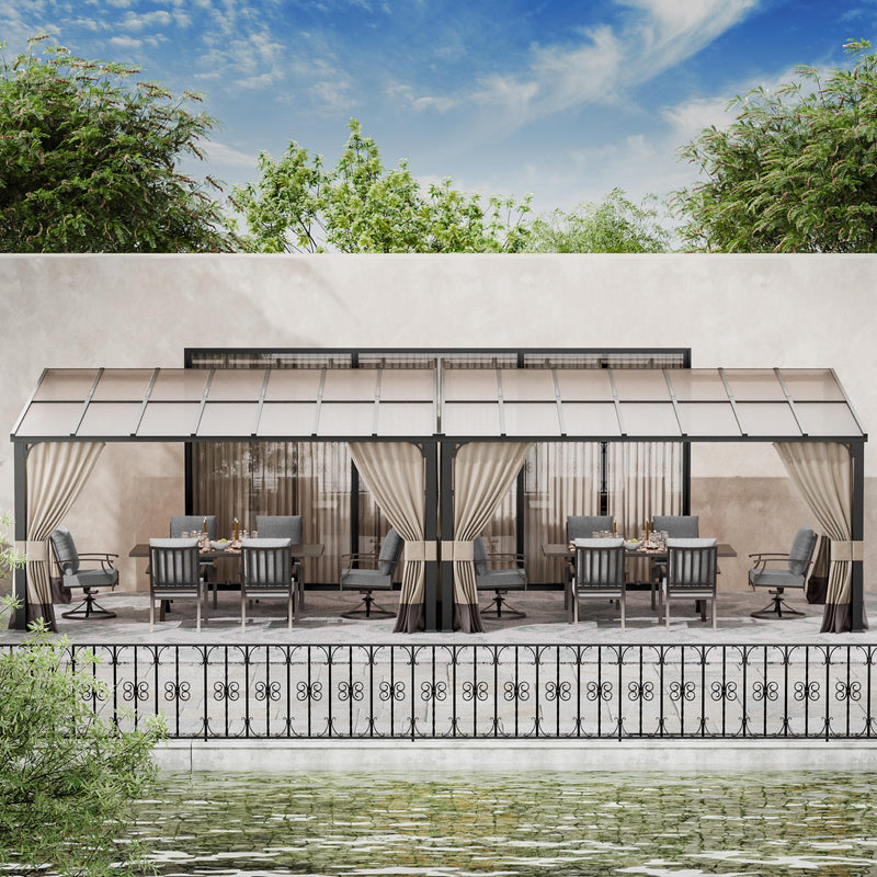 RTDTD 10' x 28' Gazebo，Hard Top Lean to Gazebo Wall Mount Heavy Hardtop Gazebos Outdoor Pergola with Curtains and Netting for Patio Garden Lawn Backyard Deck (Brown)