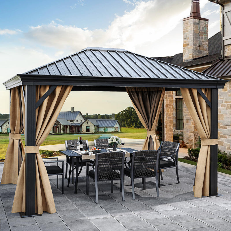 YITAHOME 10X12FT Hardtop Metal Gazebo Single Top Outdoor Patio Canopy Galvanized Iron Aluminum Column Garden Tent Curtains Netting for Backyards Decks Lawns,Brown