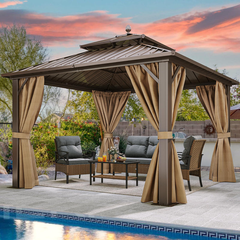 YITAHOME 10x10ft Hardtop Gazebo with Nettings and Curtains, Heavy Duty Double Roof Galvanized Steel Outdoor Combined of Horizontal Vertical Stripes Roof for Patio, Backyard, Deck, Lawn (Bronze)