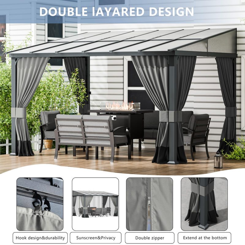 ASJMR 10x12FT Gazebo, Hardtop Wall Mounted Gazebo with Sloping Sun Panel Roof, Awnings for Patio with Metal Frame, Double Curtains for Garden, Lawn, Backyard Deck, Sand