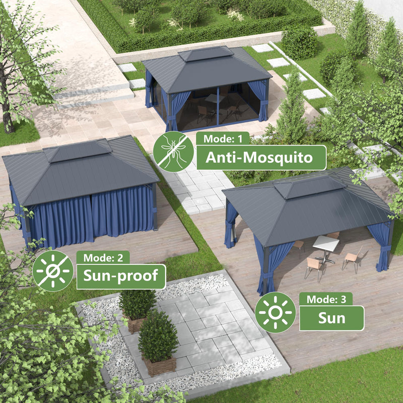 12' x 16' Hardtop Gazebo,Outdoor Galvanized Steel Metal Double Roof Gazebo with Curtains and Netting for Patios, Gardens, Lawns,Navy Blue