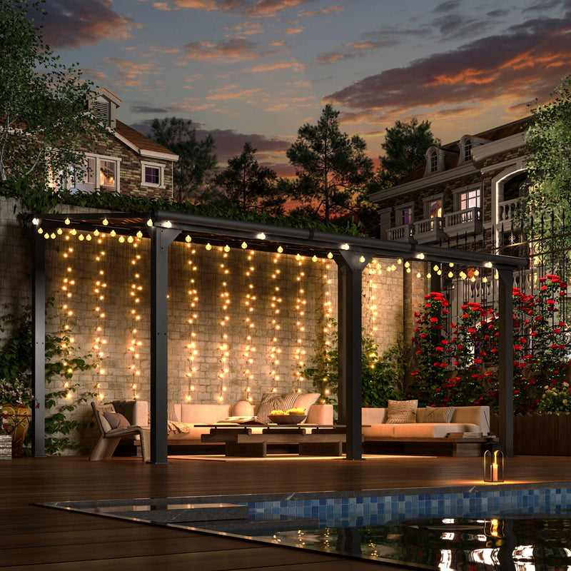 DAUSOLA 10x14 FT Gazebo Pergola for Patio, Gazebos Pergola on Clearance with Sloped Roof, Hard Top Lean to Gazebo, Large Wall-Mounted Heavy Duty Awnings for Patio, Backyard, Deck