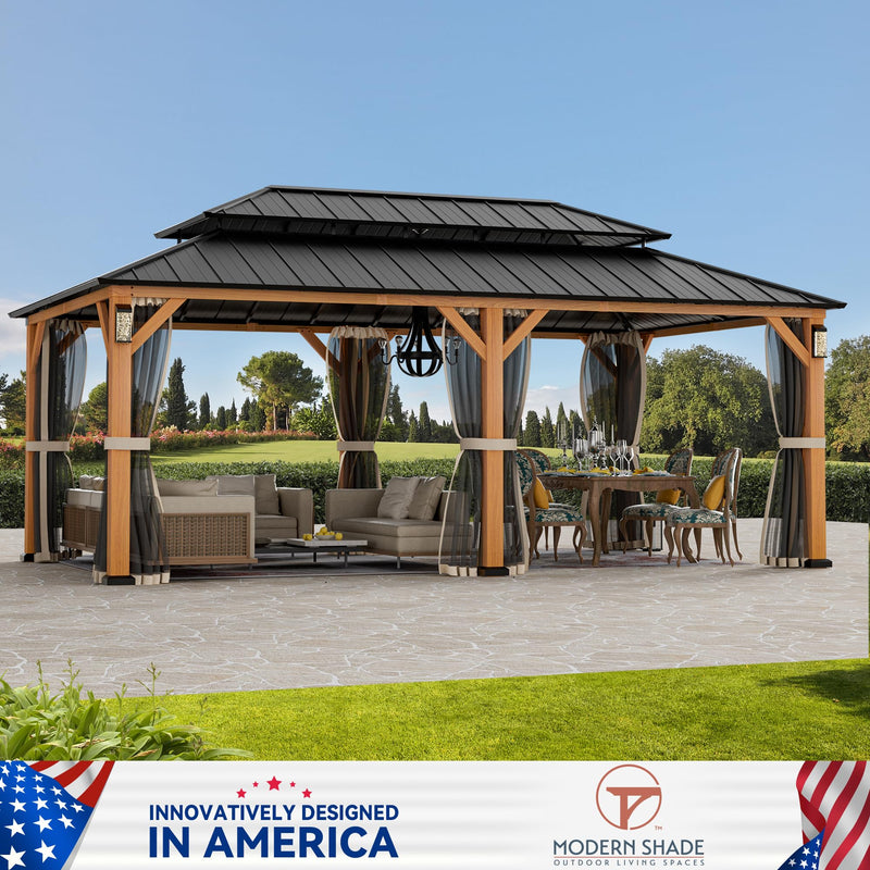 Modern Shade The Horizon Permanent Hardtop Gazebo 12' x 20' w/ 4 LED Lights, Outdoor Gazebo w/Galvanized Steel Double Roof, Patio Pavilion w/Decor Hooks, Mosquito Nettings, Wood-Looking