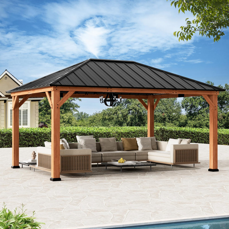 Modern Shade Tranquil Grove Wood Gazebo 12' x 16', Permanent Grill Gazebo with Galvanized Steel Hardtop Roof, Cedar Framed Wooden Pavilion for Garden, Backyard