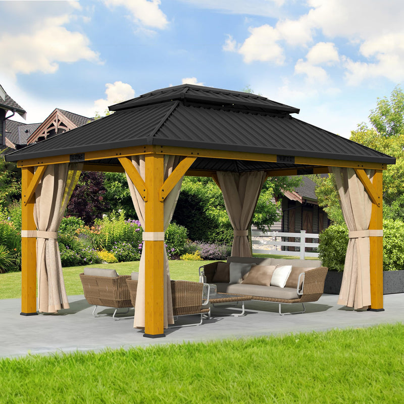 DWVO 13X15FT Gazebo Wood Outdoor Wooden Frame Double Roof Hardtop Galvanized Steel Top Canopy w/Curtain and Netting, Patio Heavy Duty for Deck, Backyard, Beige Yellow