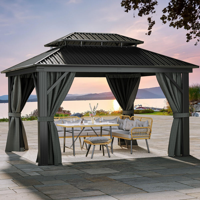 YITAHOME 12x14ft Hardtop Gazebo, Heavy Duty Double Roof Galvanized Steel Outdoor with Nettings and Curtains Combined of Vertical Stripes Roof for Patio, Backyard, Deck, Lawns, Gray