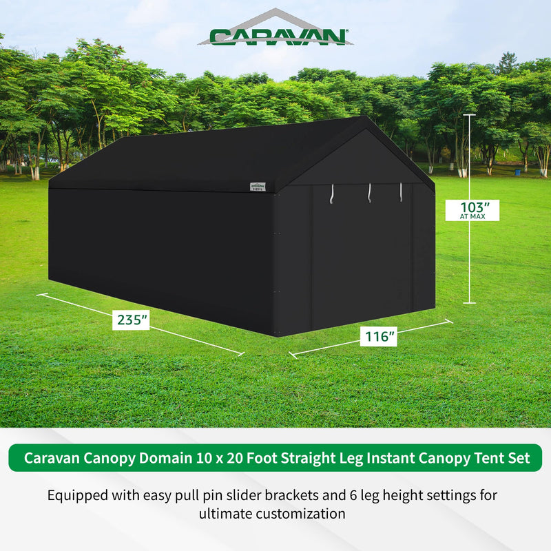 Caravan Canopy Domain 10 x 20 Foot Durable Portable Garage Carport Canopy Car Tent Sidewalls with Dual Zippers and Roll Up Door, Black (Anchor/Mounting Materials + Sidewalls Included)