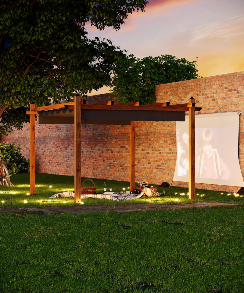 GarveeLife 10 x 13 Ft Wood-Grain Aluminum Pergola Outdoor Pergola with Retractable Canopy Sun Shade Shelter for Garden, Patio, Backyard, Deck - Gray