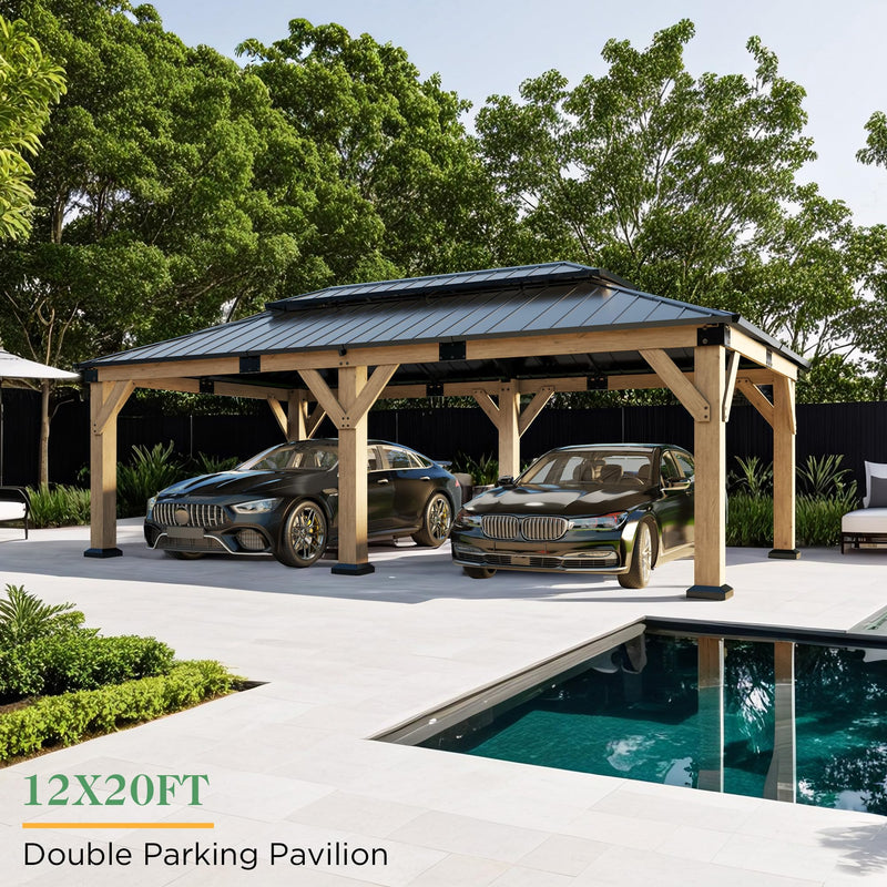 AMERLIFE 12x20FT Outdoor Wood Gazebo, Hardtop Pergola with Metal Roof & Spruce Wood Frame, Backyard Gazebo for Garden,Conversation,Gray Brown