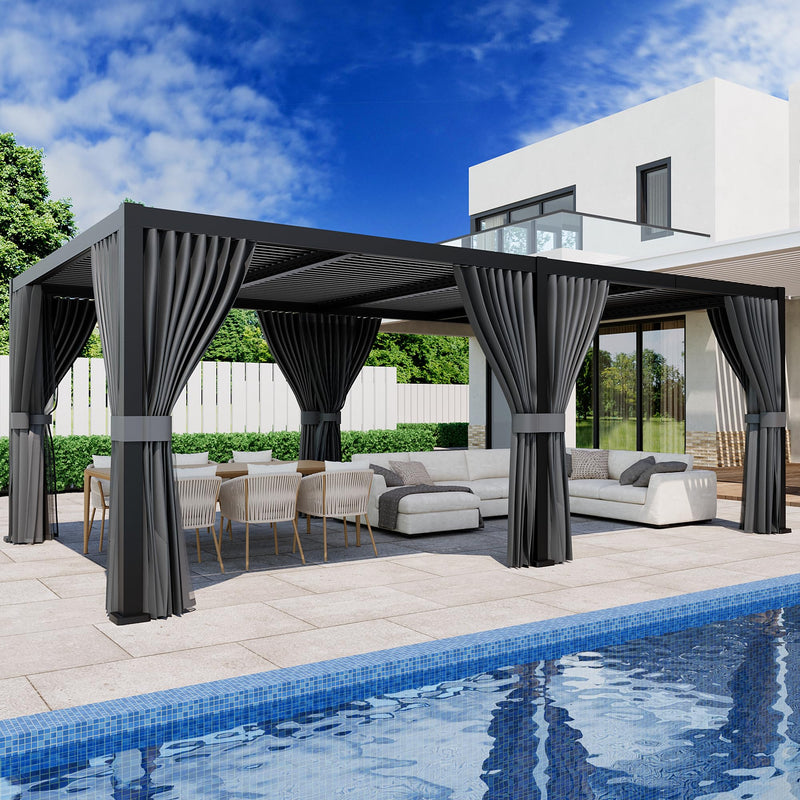 SUNBURY 10'X 20' Louvered Pergola, Aluminum Outdoor Pergola with 4 Adjustable Roof, All-Weather Use, Netting & Privacy Curtains, Waterproof Patio Shade Cover for Patio, Backyard, Lawn, Garden, Black