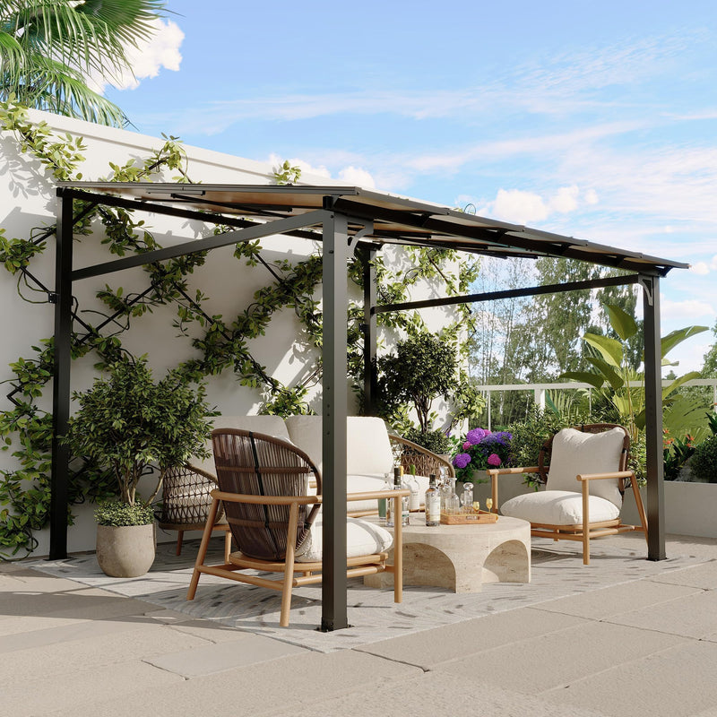10'x 10'Wall Mounted Gazebo, Hardtop Lean-to Pergola with Polycarbonate Roof, Heavy Duty Outdoor Patio Awnings for Deck, Porch, Backyard, Garden, Weather Resistant, Brown