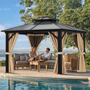 YITAHOME 10X10FT Hardtop Gazebo Outdoor Polycarbonate Patio Double Top Canopy Galvanized Iron Aluminum Column Garden Tent Curtains Netting for Backyards Decks Lawns,Brown