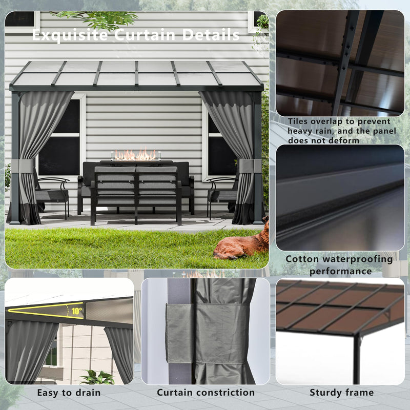 ASJMR 10x12FT Gazebo, Hardtop Wall Mounted Gazebo with Sloping Sun Panel Roof, Awnings for Patio with Metal Frame, Double Curtains for Garden, Lawn, Backyard Deck, Sand