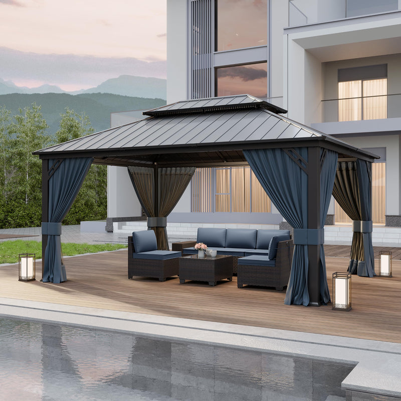 Kurapika 12' x 16' Hardtop Outdoor Metal Gazebo with Galvanized Steel Double Roof Canopy, Curtain and Netting, Aluminum Permanent Pavilion Gazebo, Navy Blue