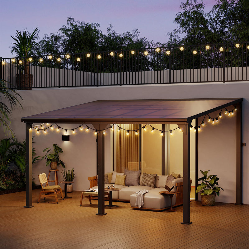 Pamapic 10 * 14FT Wall Mounted Gazebo,4*4 Inch Thickened Pillars & Enlarged Base,Outdoor Hardtop Lean to Pergola,UV Resistant Polycarbonate Roof,Aluminum Frame Pergola,Outdoor Patio Awnings for Lawn