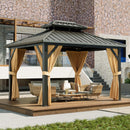 GarveeLife 10x12ft Double Roof Hardtop Gazebo, Heavy Duty Galvanised Steel Hardtop Pavilion with Nettings and Curtains, Metal Roof Gazebo for Patio, Terrace, Lawn and Deck, Brown